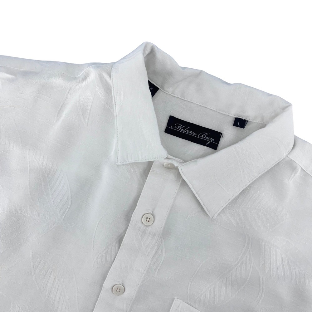 Milano Bay Button Down Shirt Mens Large White Tropical Jacquard Resortwear Beach